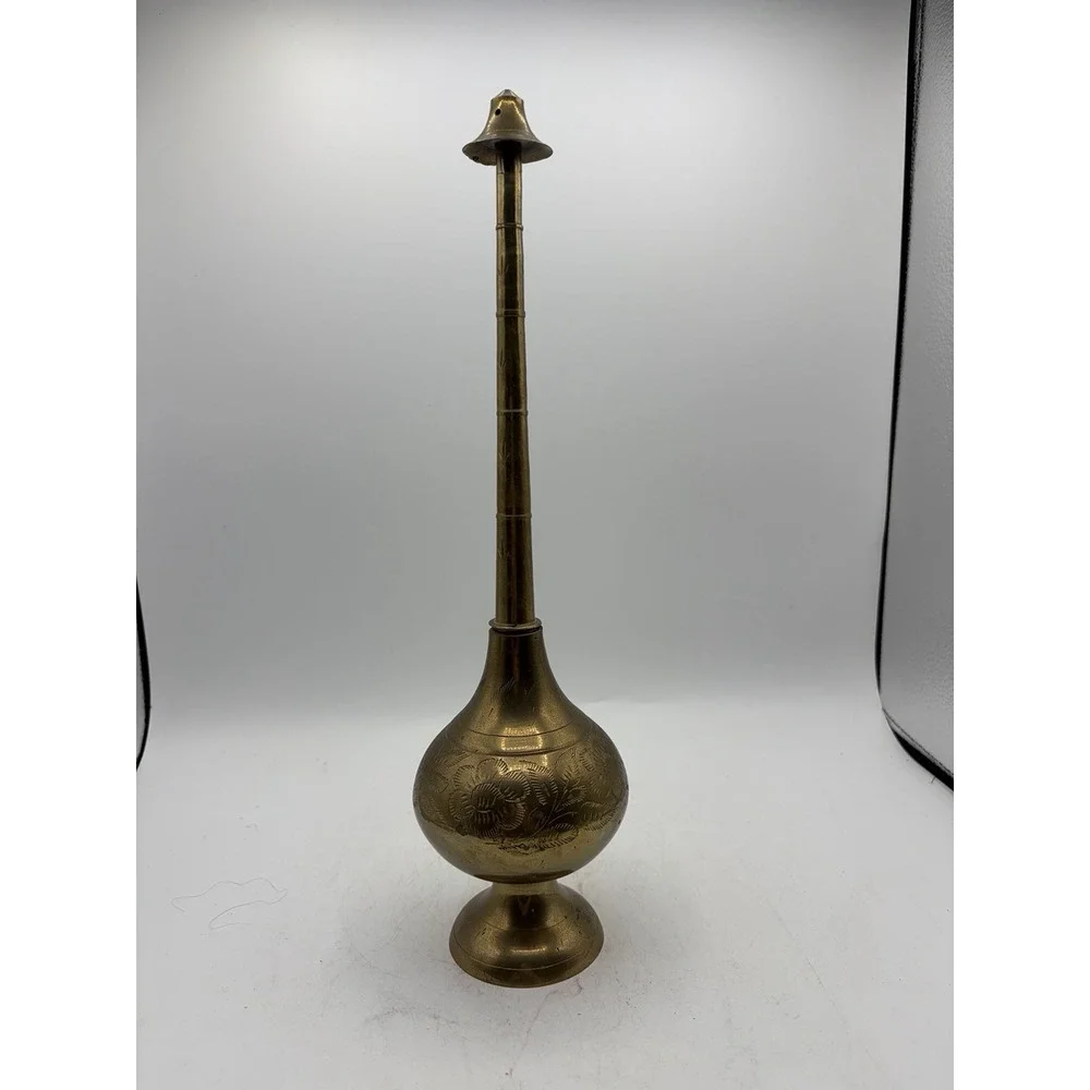 Vintage Brass Rosewater Sprinkler Gulabdan Etched Floral Vase 14